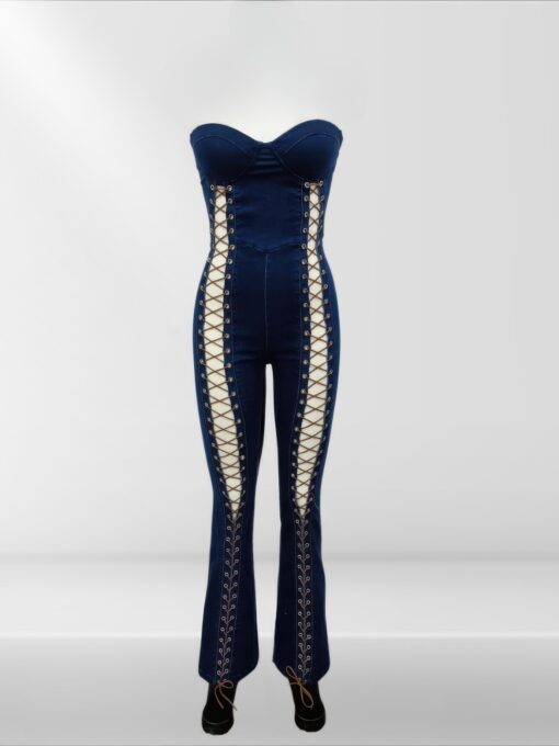 Lace Up Detail Denim Jumpsuit - Image 4
