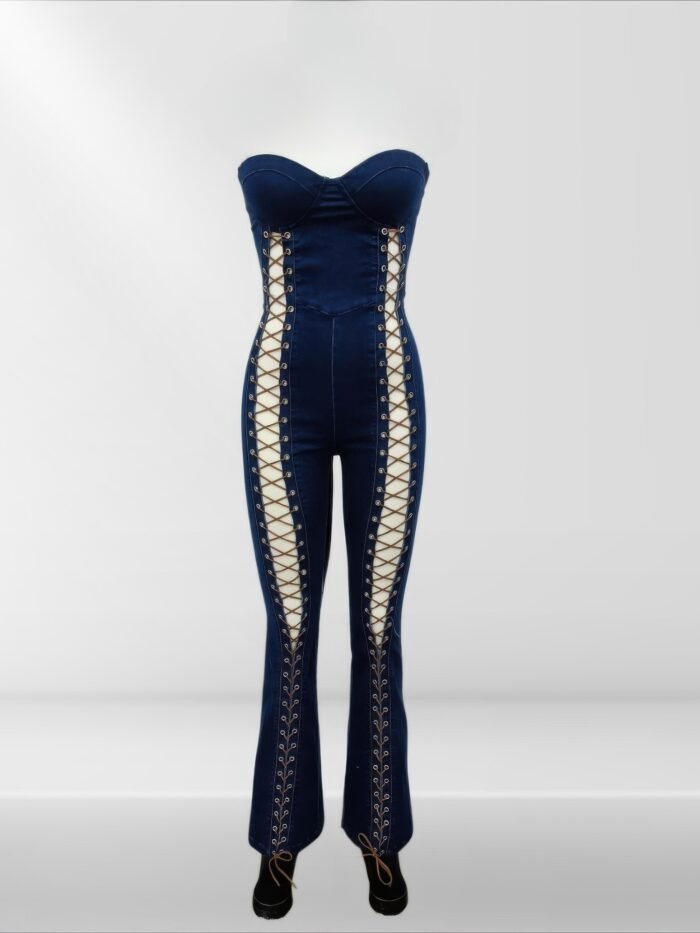 Lace up detail denim jumpsuit - image 4