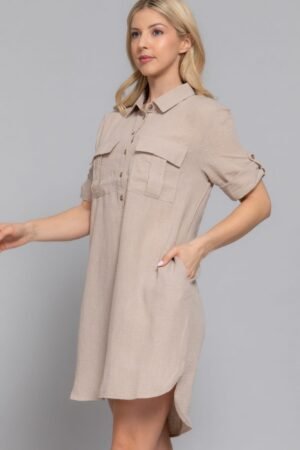 Roll Up Short Slv Straight Linen Effect Mini Dress Roll Up Short Slv Straight Linen Effect Mini Dress