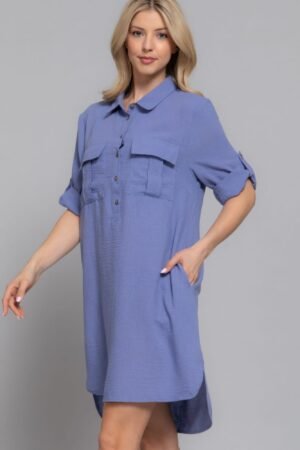 Roll Up Short Slv Straight Linen Effect Mini Dress Roll Up Short Slv Straight Linen Effect Mini Dress