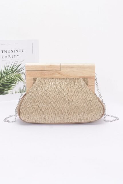 Faux Straw Wood Frame Clutch
