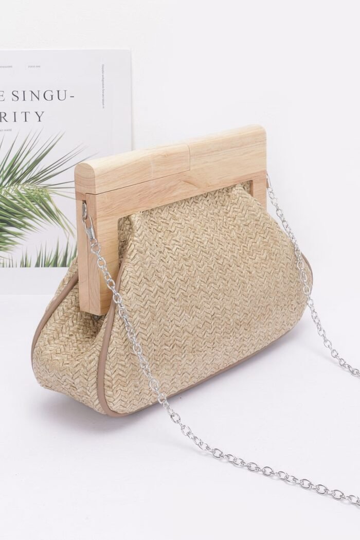 Faux straw wood frame clutch