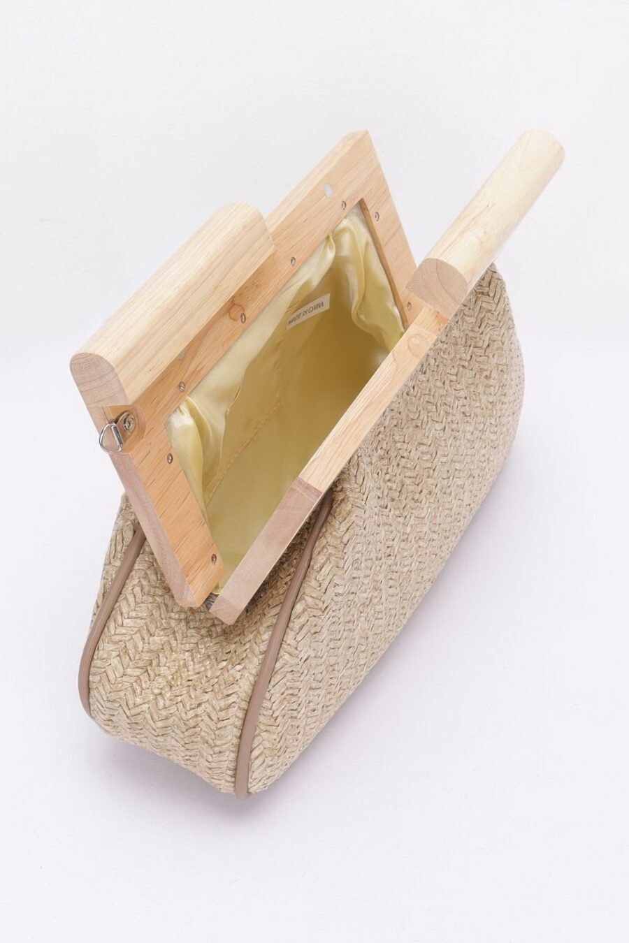 Faux straw wood frame clutch