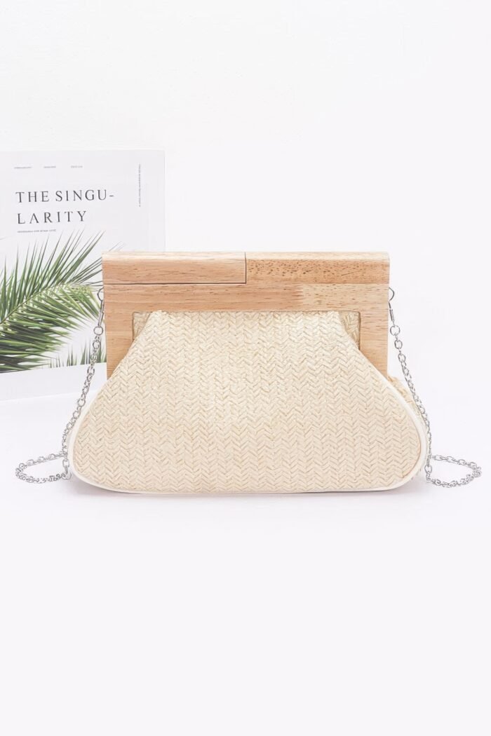 Faux straw wood frame clutch