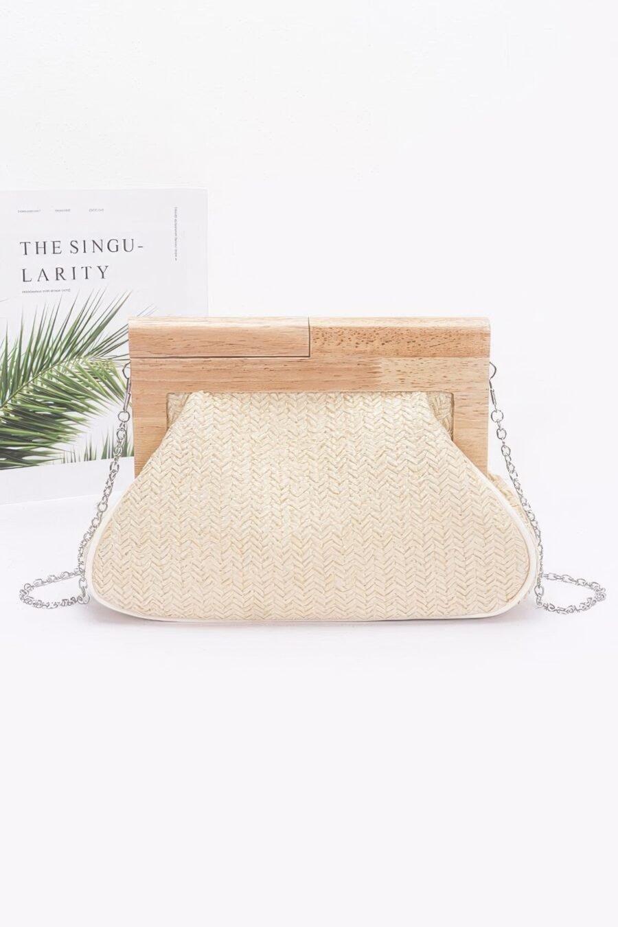 Faux straw wood frame clutch