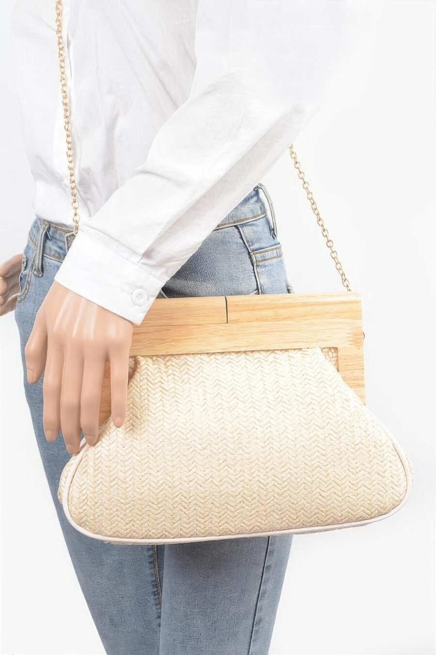 Faux straw wood frame clutch