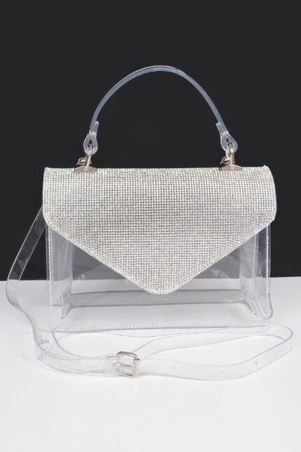 Transparent Rhinestone Top Handle Flap Bag