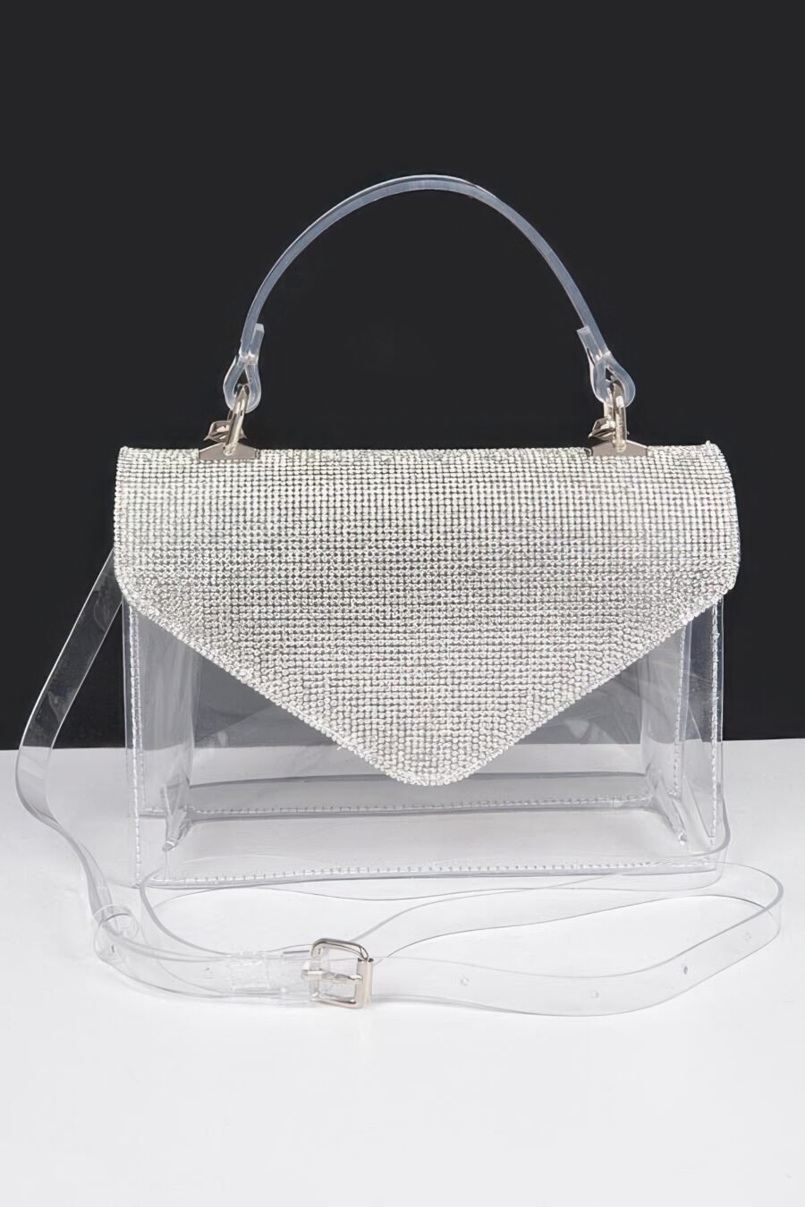 Transparent rhinestone top handle flap bag