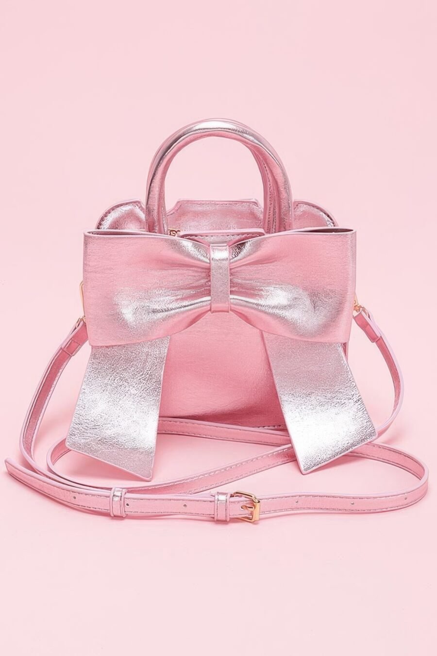 Metallic bow front top handle clutch