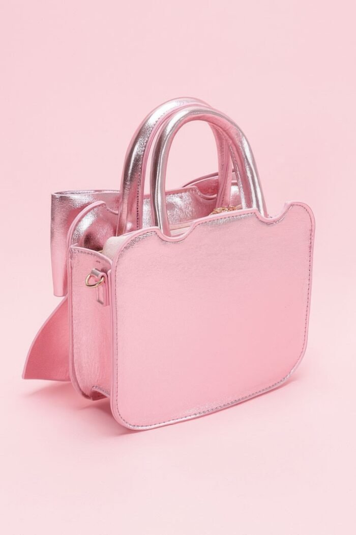 Metallic bow front top handle clutch
