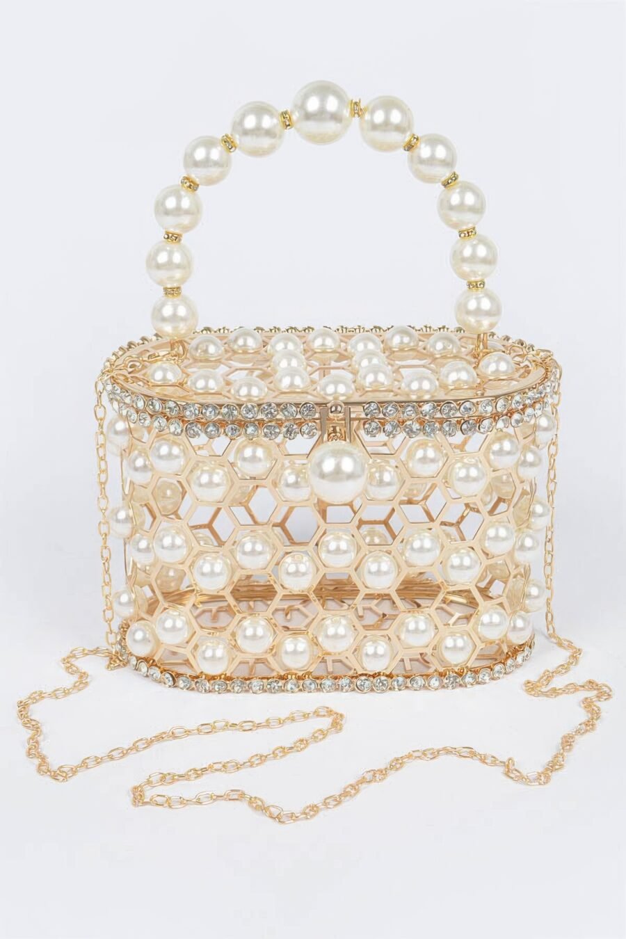 Faux pearl mesh party clutch