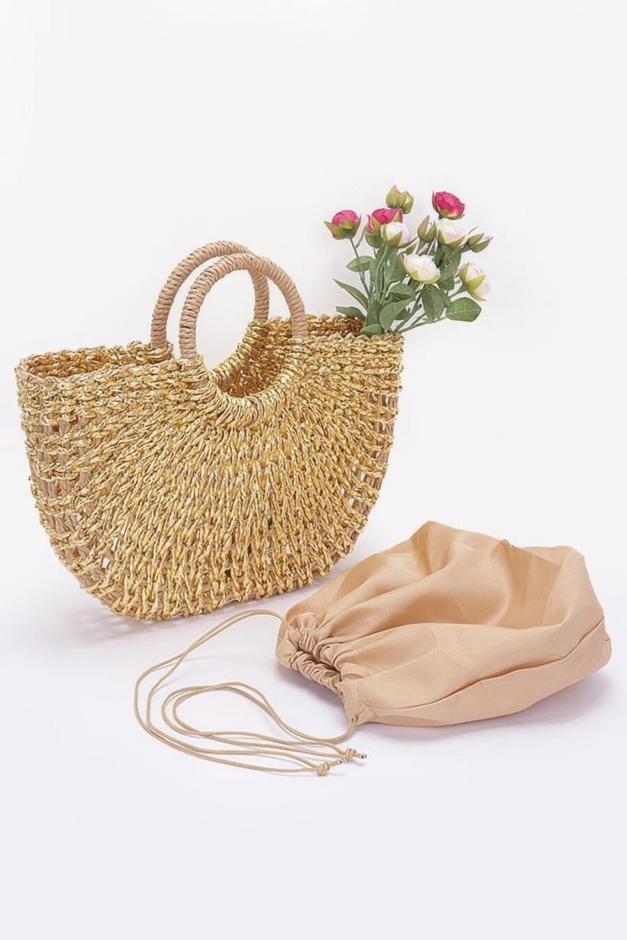 Metallic faux straw tote bag w pouch
