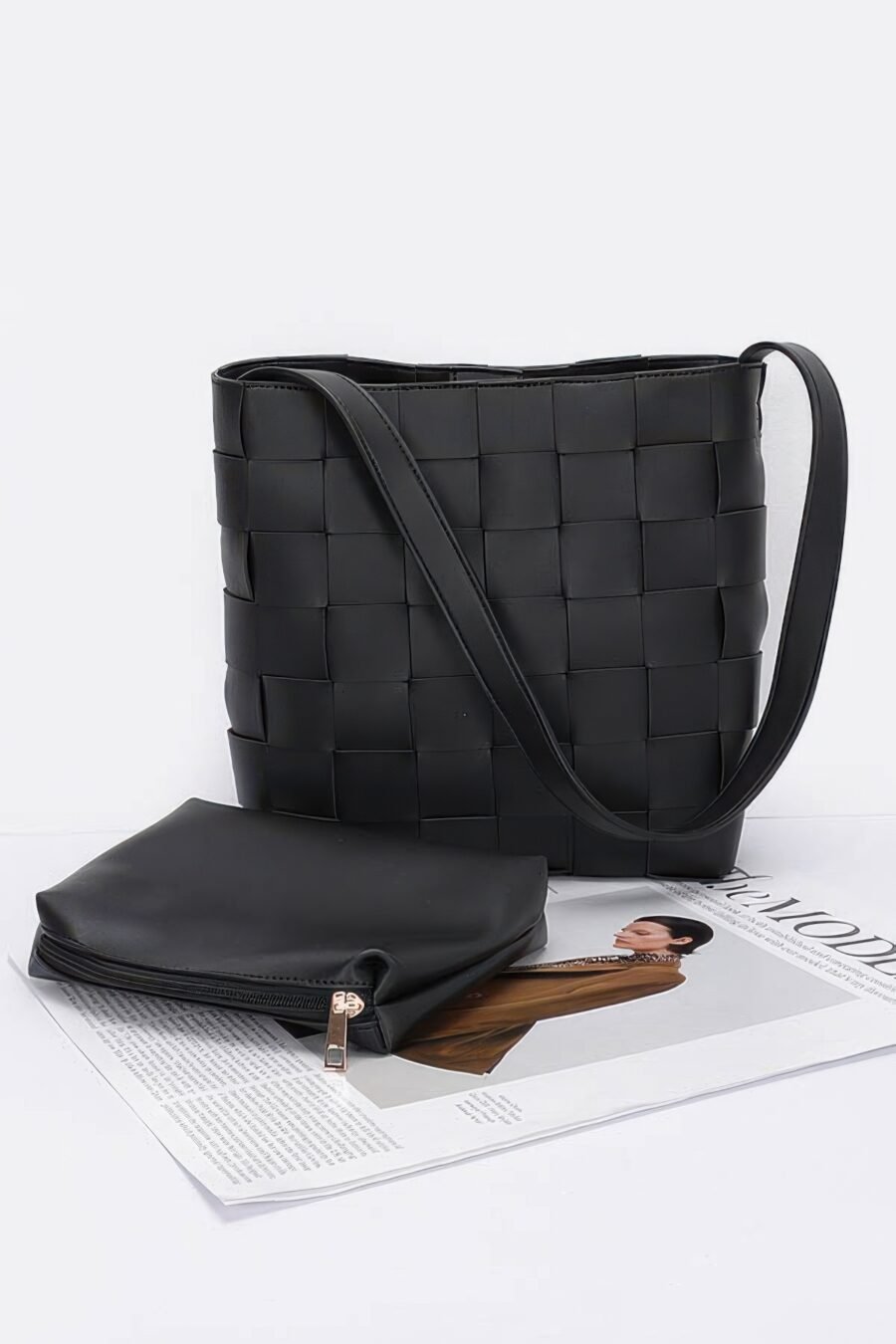 Faux leather braided shoulder bag w pouch