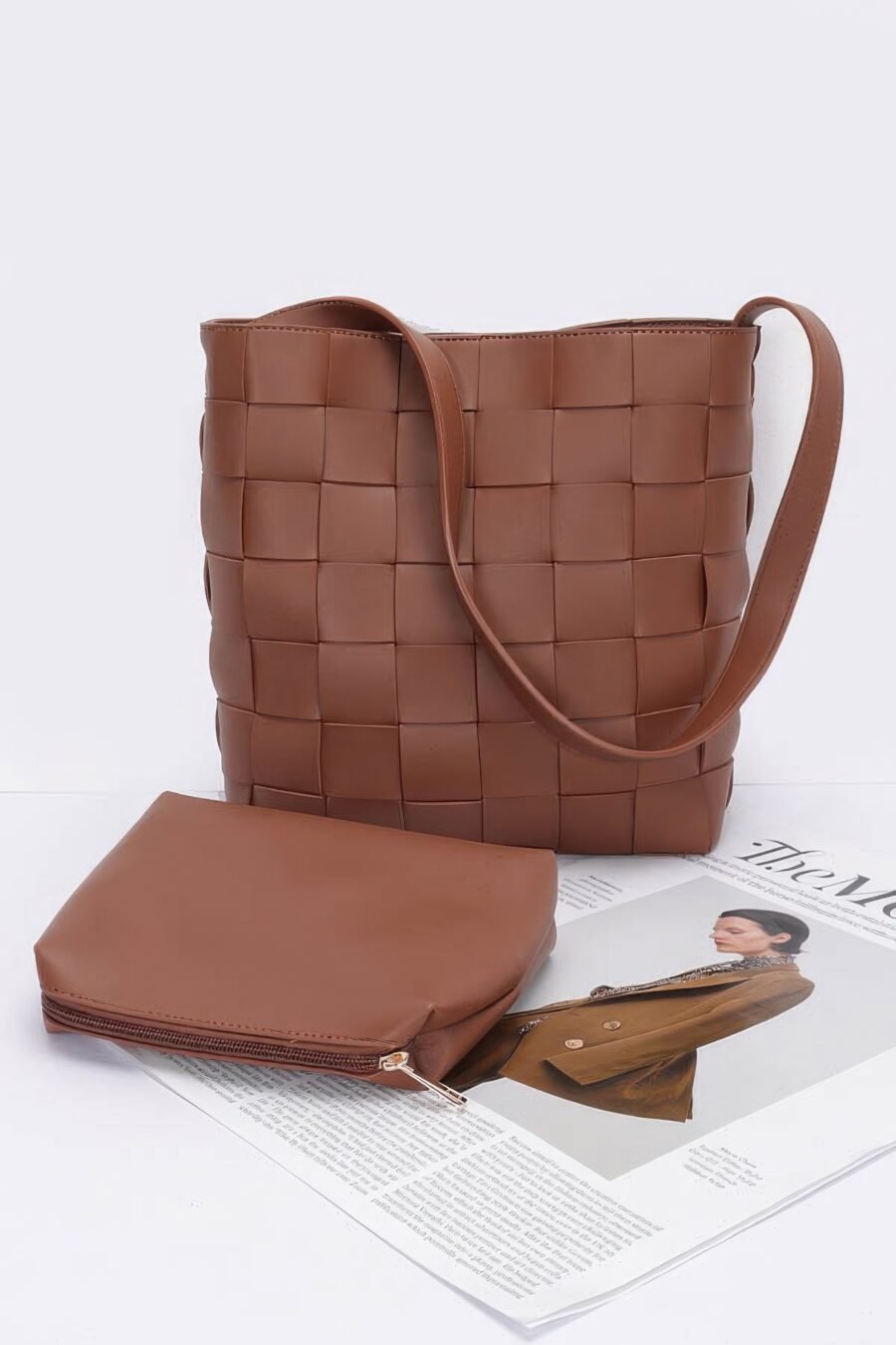 Faux leather braided shoulder bag w pouch - image 6