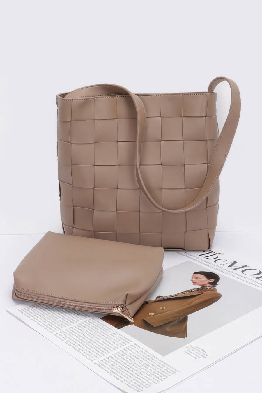 Faux leather braided shoulder bag w pouch - image 7