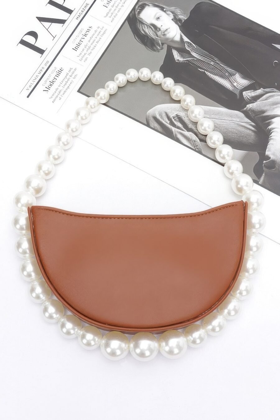 Faux pearl handle half moon bag - image 4