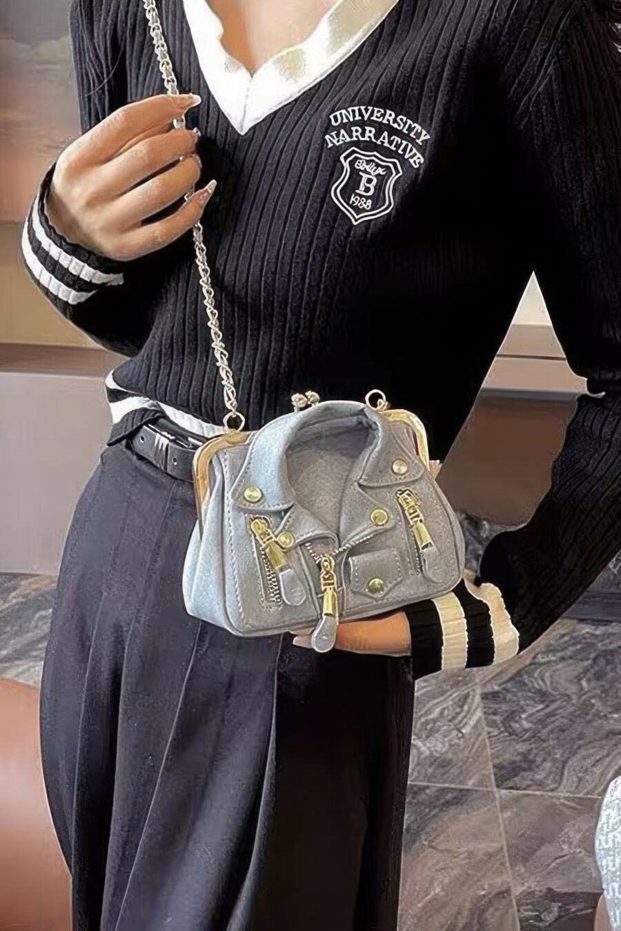 Faux denim leather jacket style crossbody bag - image 7