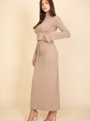 Mock Neck Bell Sleeve Crop Top & Maxi Skirt Set Mock Neck Bell Sleeve Crop Top & Maxi Skirt Set