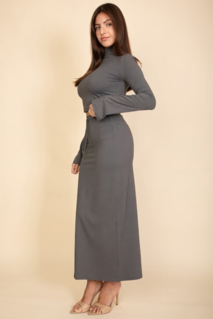 Mock neck bell sleeve crop top & maxi skirt set