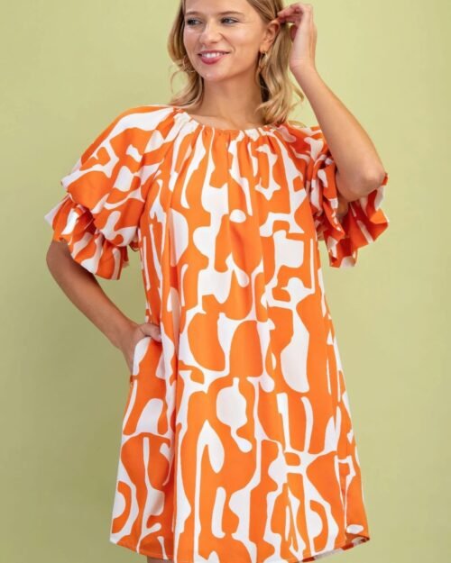 geometric print loose fit mini dress with gathered balloon sleeves