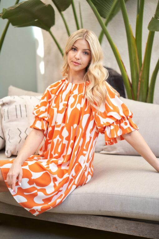 Geometric Print Loose Fit Mini Dress With Gathered Balloon Sleeves - Image 9