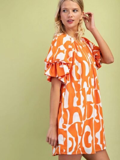 Geometric Print Loose Fit Mini Dress With Gathered Balloon Sleeves