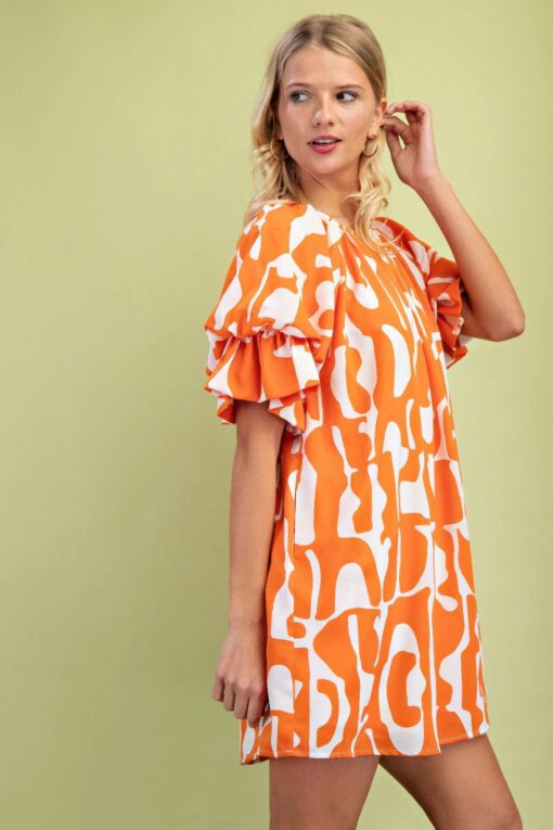 Geometric Print Loose Fit Mini Dress With Gathered Balloon Sleeves - Image 12
