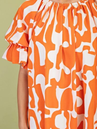 Geometric Print Loose Fit Mini Dress With Gathered Balloon Sleeves