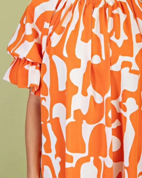 geometric print loose fit mini dress with gathered balloon sleeves