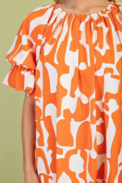 Geometric Print Loose Fit Mini Dress With Gathered Balloon Sleeves - Image 13