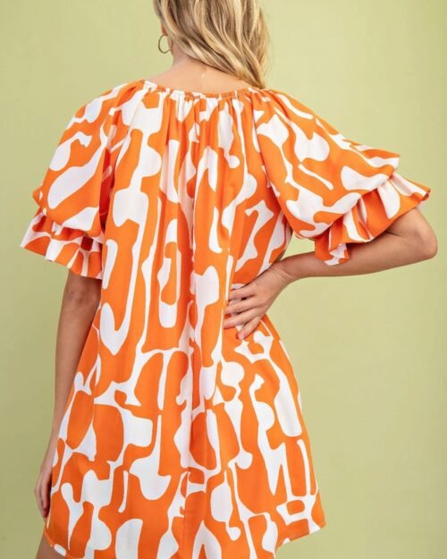 geometric print loose fit mini dress with gathered balloon sleeves