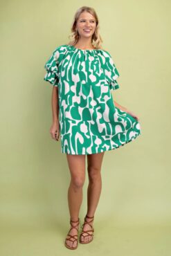 Geometric Print Loose Fit Mini Dress With Gathered Balloon Sleeves