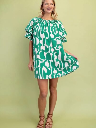 Geometric Print Loose Fit Mini Dress With Gathered Balloon Sleeves