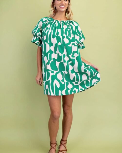 geometric print loose fit mini dress with gathered balloon sleeves
