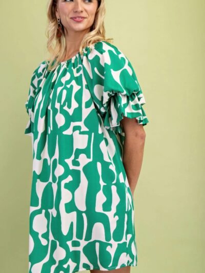 Geometric Print Loose Fit Mini Dress With Gathered Balloon Sleeves