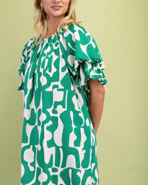 geometric print loose fit mini dress with gathered balloon sleeves