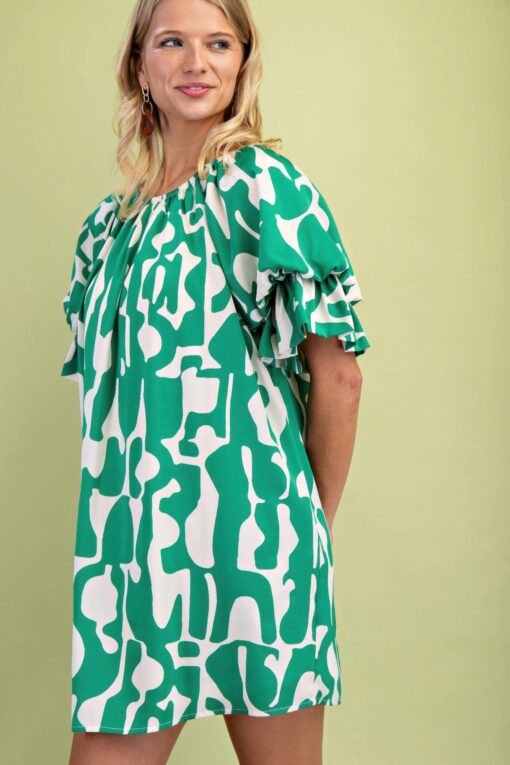 Geometric Print Loose Fit Mini Dress With Gathered Balloon Sleeves - Image 3