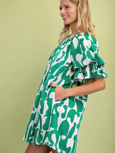 Geometric Print Loose Fit Mini Dress With Gathered Balloon Sleeves