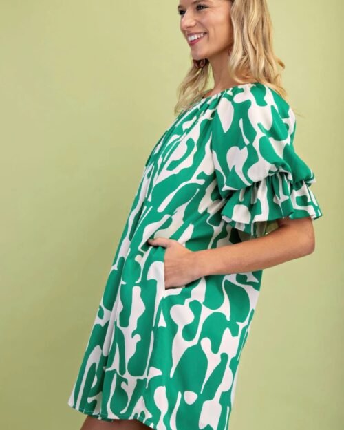 geometric print loose fit mini dress with gathered balloon sleeves