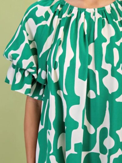 Geometric Print Loose Fit Mini Dress With Gathered Balloon Sleeves