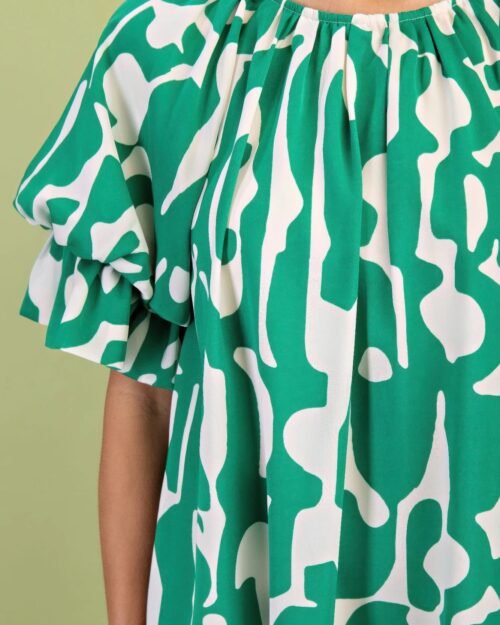 geometric print loose fit mini dress with gathered balloon sleeves