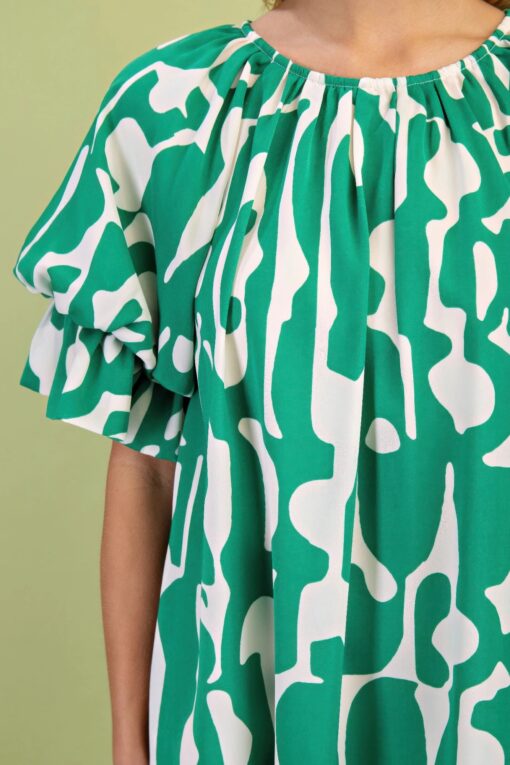 Geometric Print Loose Fit Mini Dress With Gathered Balloon Sleeves - Image 5