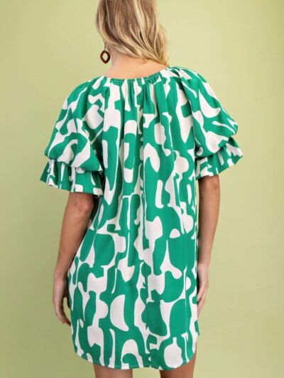 Geometric Print Loose Fit Mini Dress With Gathered Balloon Sleeves