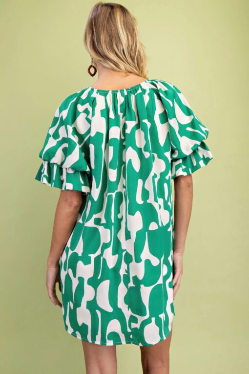 Geometric Print Loose Fit Mini Dress With Gathered Balloon Sleeves - Image 6