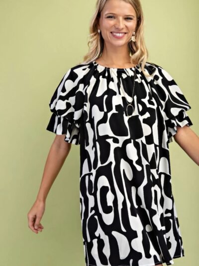 Geometric Print Loose Fit Mini Dress With Gathered Balloon Sleeves