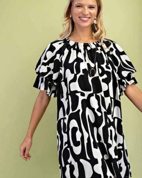 geometric print loose fit mini dress with gathered balloon sleeves