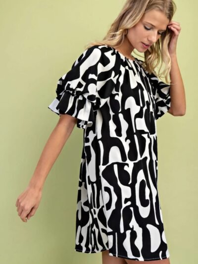 Geometric Print Loose Fit Mini Dress With Gathered Balloon Sleeves