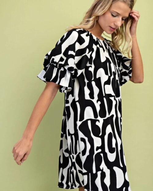 geometric print loose fit mini dress with gathered balloon sleeves