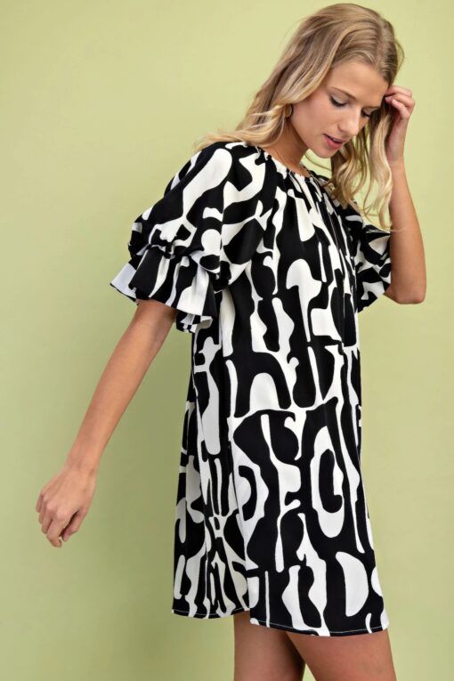 Geometric Print Loose Fit Mini Dress With Gathered Balloon Sleeves - Image 18