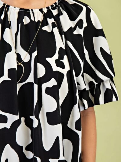 Geometric Print Loose Fit Mini Dress With Gathered Balloon Sleeves